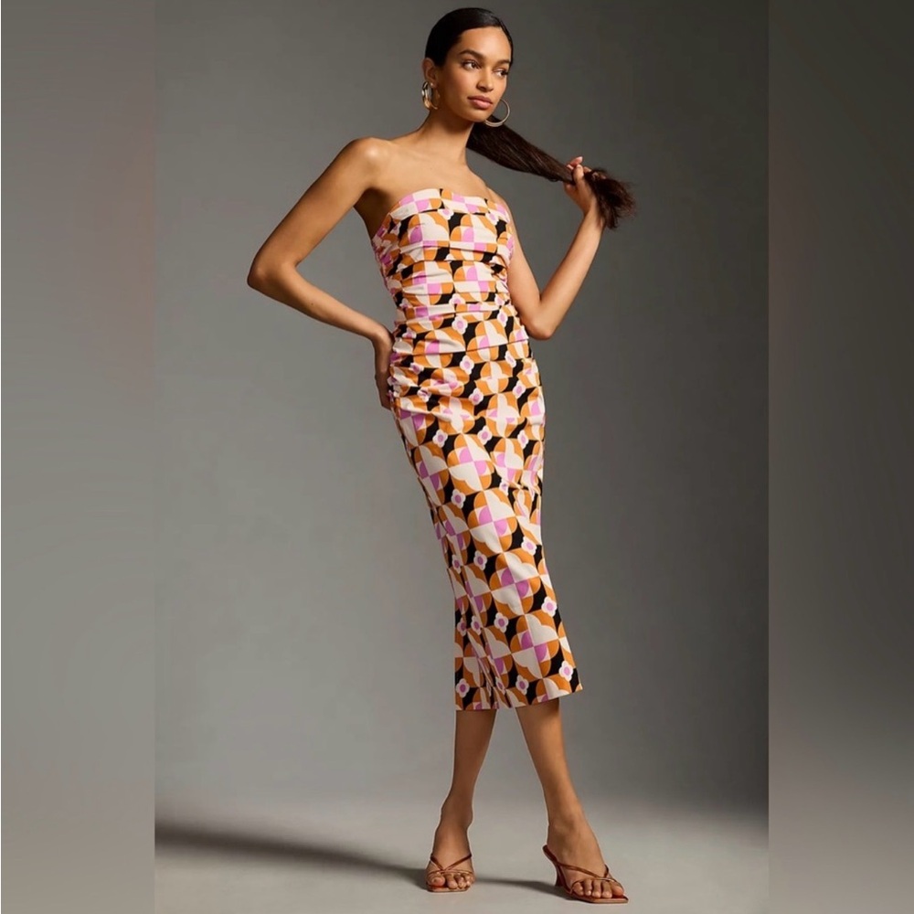 Printed Anthropologie strapless ruched midi dress